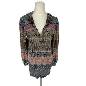 Lucky Brand Women's M Printed Boho Ruffle Neck Long Sleeve Tunic Top